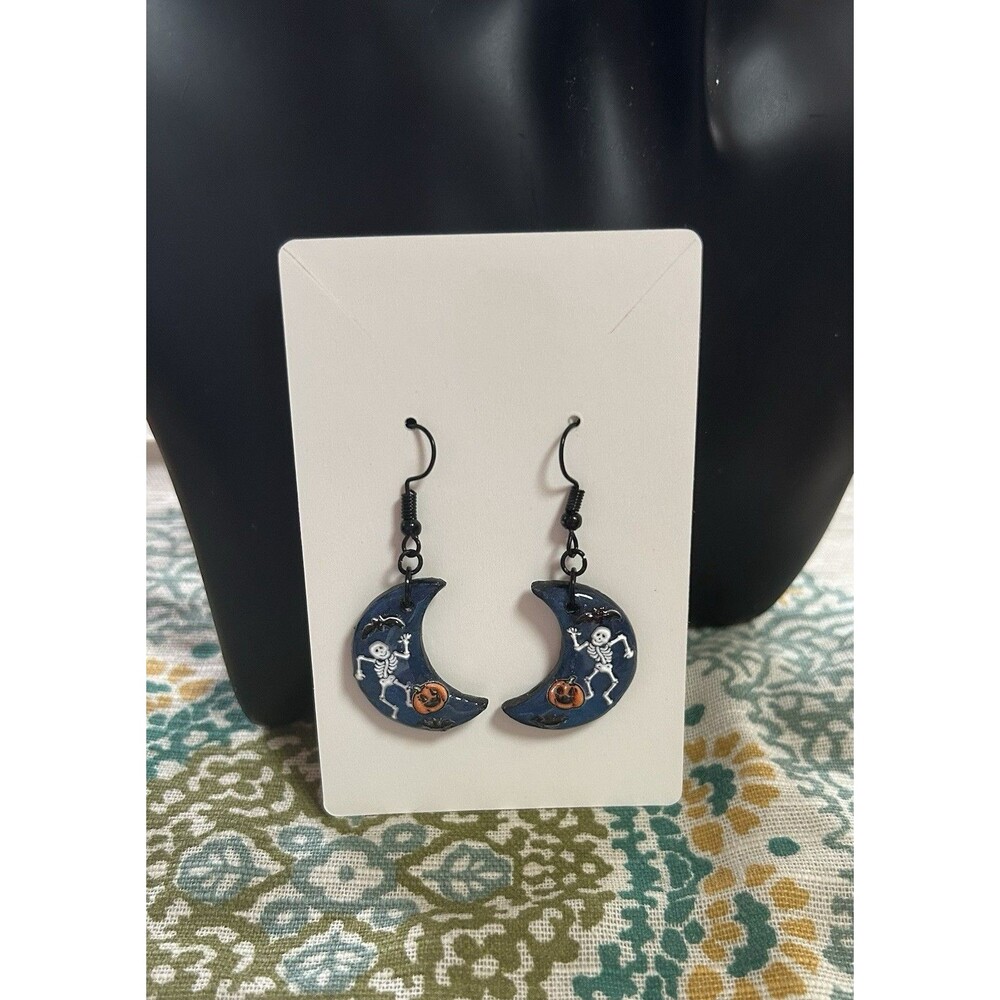 Halloween Handmade‎ Polymer Clay Earrings Dancing Skeleton Moon Spooky Season